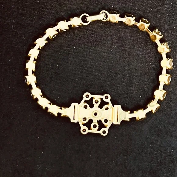 Vintage Gold Tone Blue And Clear Rhinestone Floral Tennis Bracelet (3800) - Picture 6 of 9